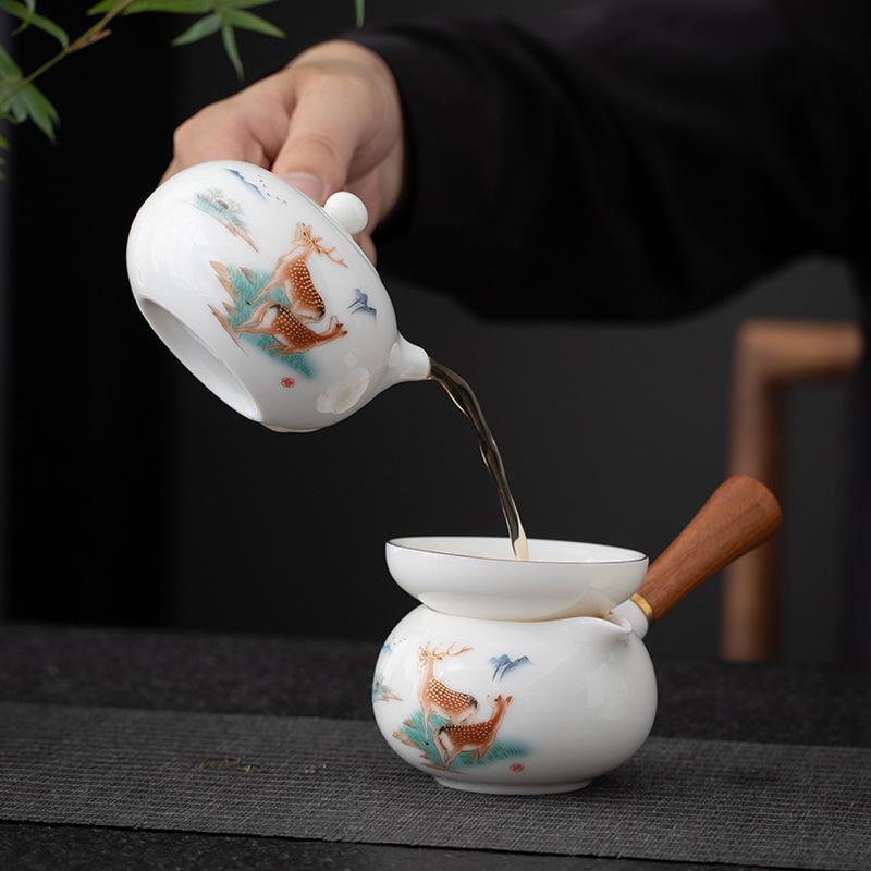 Suet jade tea set Guochao Kung Fu ceramic side handle pot white porcelain gift box business gifts