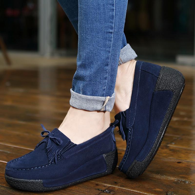 Fashion Casual women's shoes spring new thick-soled wedge-heeled shoes genuine leather rocking shoes tassel platform suede leather