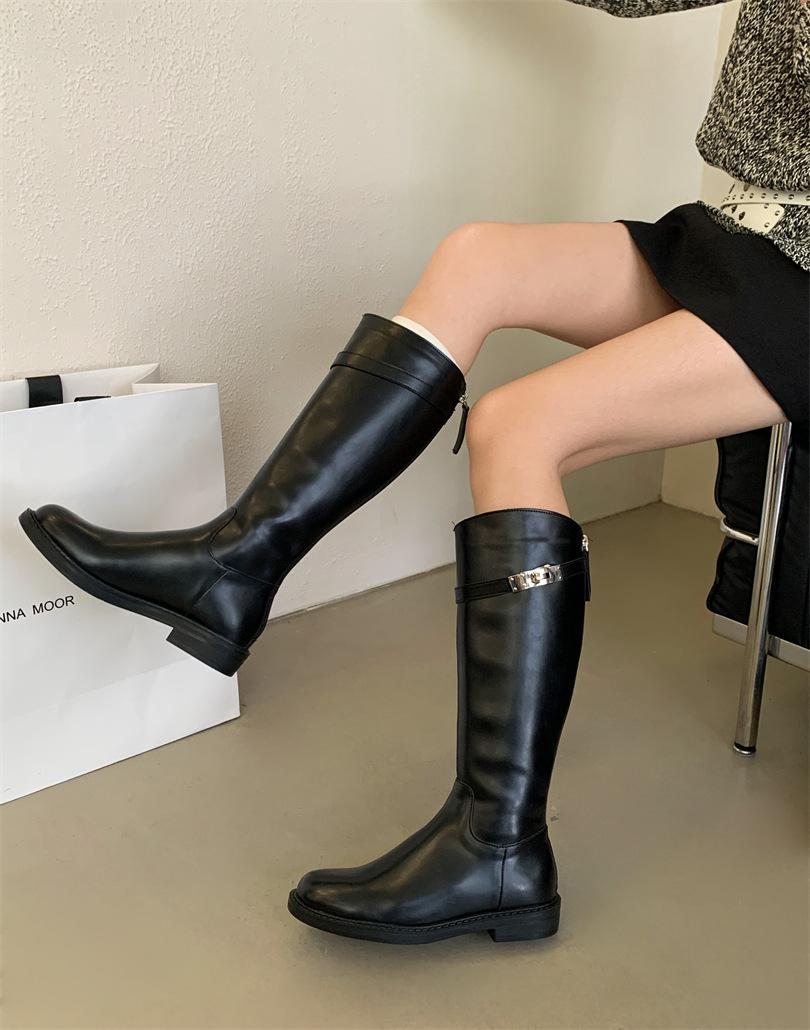 

Long knight boots women s autumn and winter 2025 new round head thick heel high boots thick-soled metal buckle velvet boots 39 чёрный