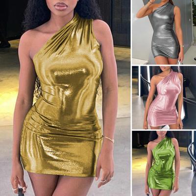 Damen Clubkleid Einfarbig Glänzende Oberfläche Ärmellos Bodycon Schräger Ausschnitt Zum Ausgehen Ein Schulter Mini Länge Sommerkleid Damenbekleidung