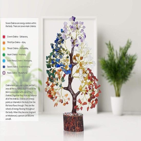 Pietre prețioase, copac de cristal cu șapte chakre, piesă de prezentare pentru noroc Articol de decorare interioară Bonsai, arbore de bani, plantă, articol cadou, figurină standard