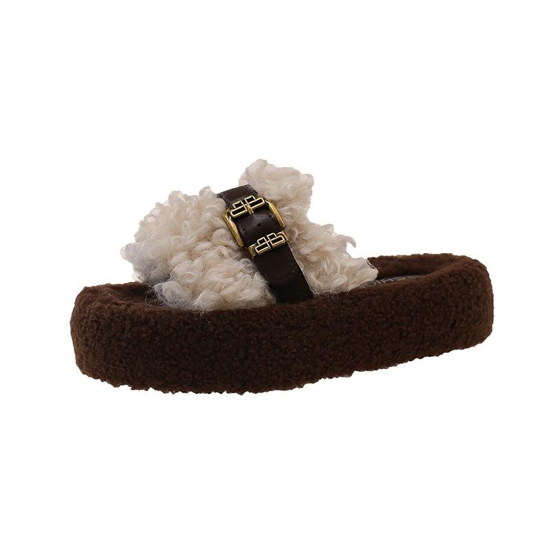 Winter fluffy slippers flat-bottomed non-slip one-word slippers wear thick-soled ins home cotton slippers