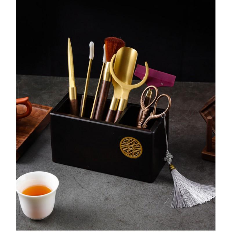 Premium Black Ebony Wood Tea Ceremony Set 7pcs Modern Chinese Tools With Brass Accessories