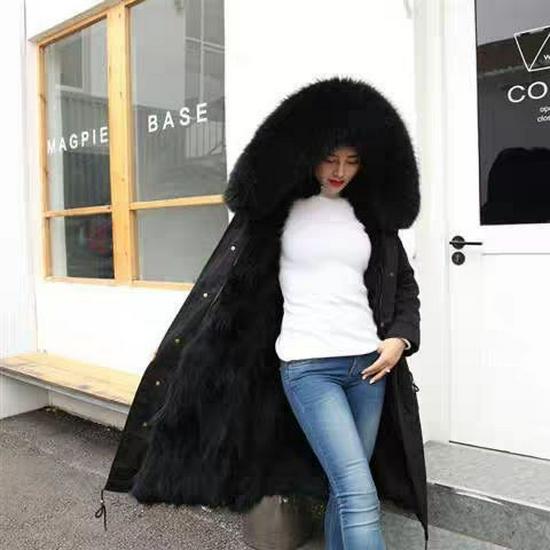 Women's Mid-Length Cotton Coat with Removable Faux Raccoon Fur Liner - Thickened, Plus Size