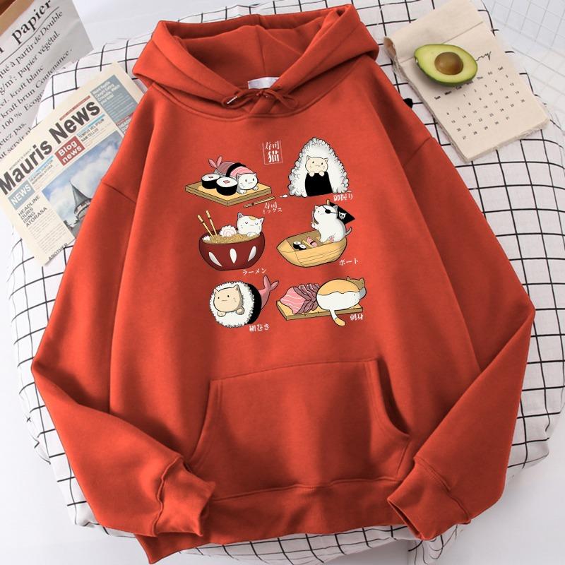 Food Cute Cat Sushi Printed Hoodie Mens Autumn Fleece Oversize Hoody Hip Hop Loose Sweatshirt Soft Oversize  Clothes Tops