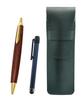 Moss Green Grained Leather Pen Blue Metal Touch and Brown Wooden Shaft Retro Ballpoint Pen Set Case, Stick, SASMG-ALL-HS48S