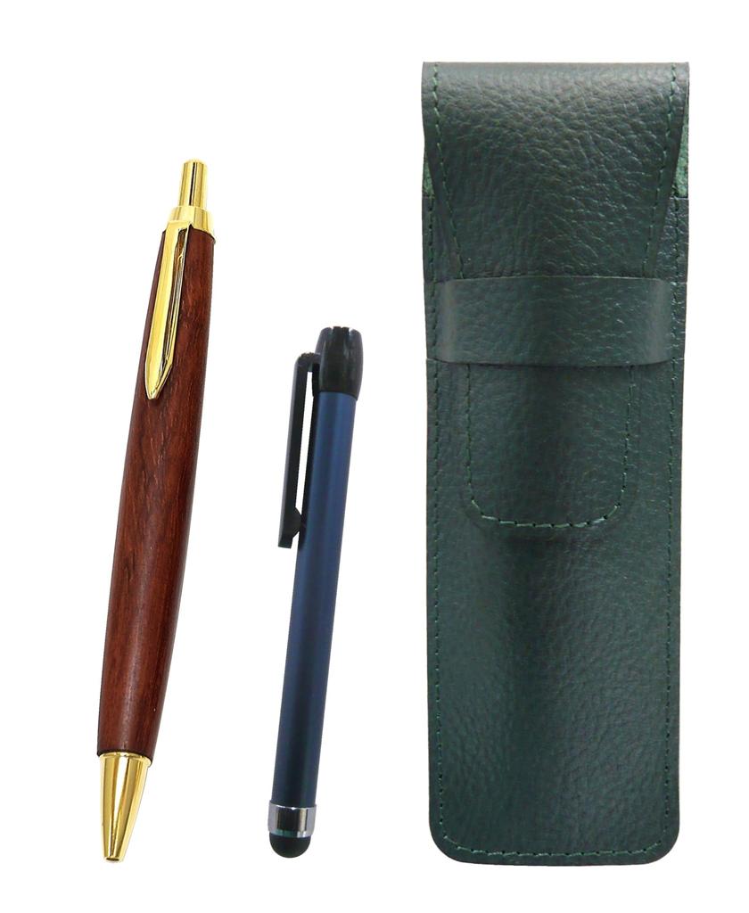 Moss green grained leather pen case with metal touch blue and brown wooden barrel retro ballpoint pen set stick, SASMG-ALL-HS48S-2 2-pack