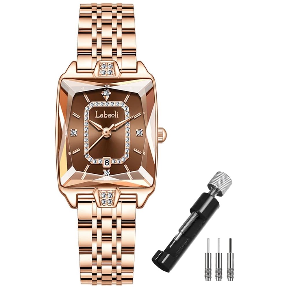 Square Women s Watch Gold Stainless Steel Waterproof Simple Casual Business with Diamonds Brown