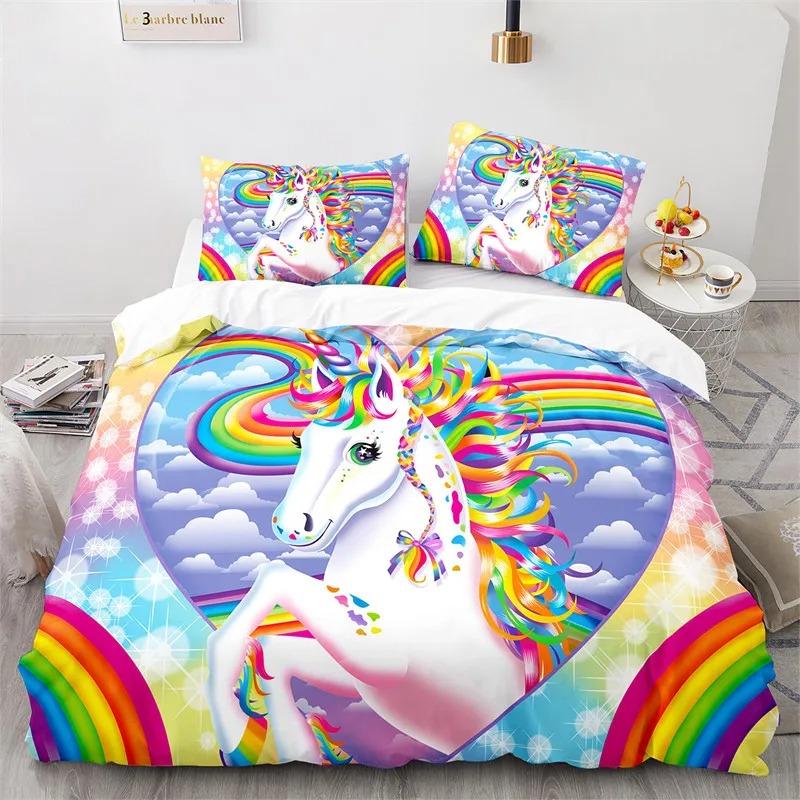 Cartoon Unicorn Floral Rainbow Girl's Eyelash Bedding Set Boys Girls Twin Queen Size Duvet Cover Pillowcase Bed Kids Adult