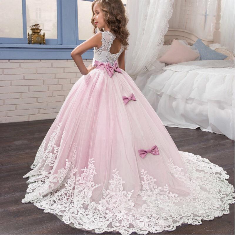 Rochie elegantă de prințesă cu mâneci bufante din dantelă pentru fete - Rochie formală pentru domnișoară de onoare la nuntă cu trenă