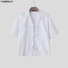 INCERUN Men Lapel Neck Short Sleeve Striped Lace-up Casual Loose Oversized Shirts