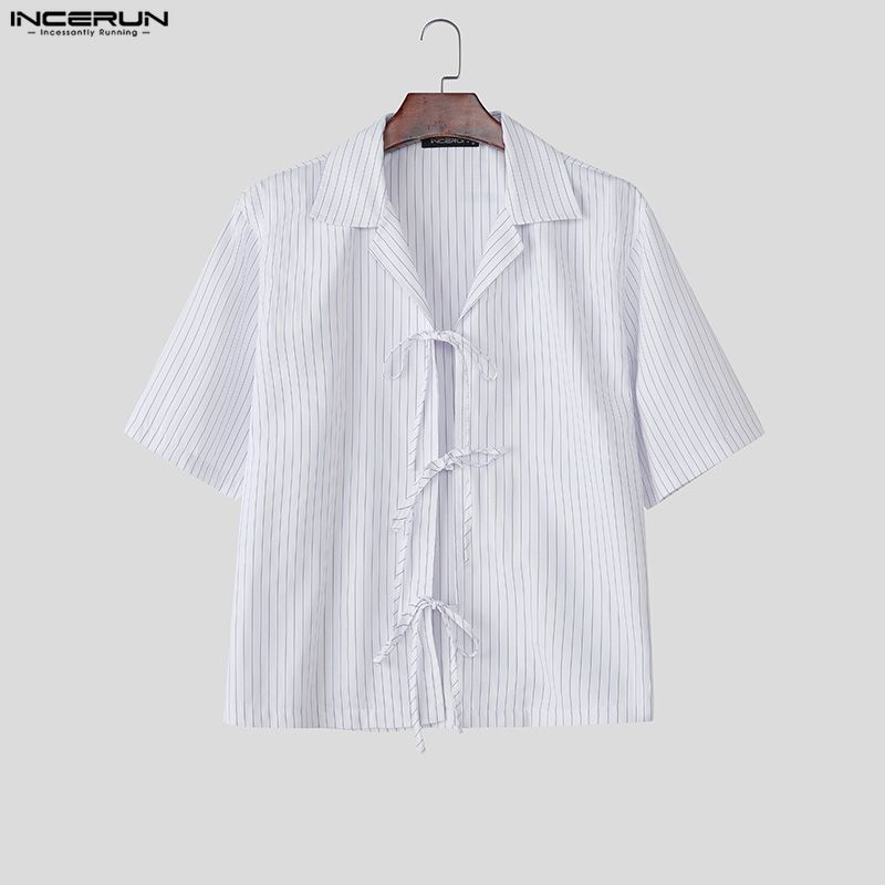 INCERUN Men Lapel Neck Short Sleeve Striped Lace-up Casual Loose Oversized Shirts