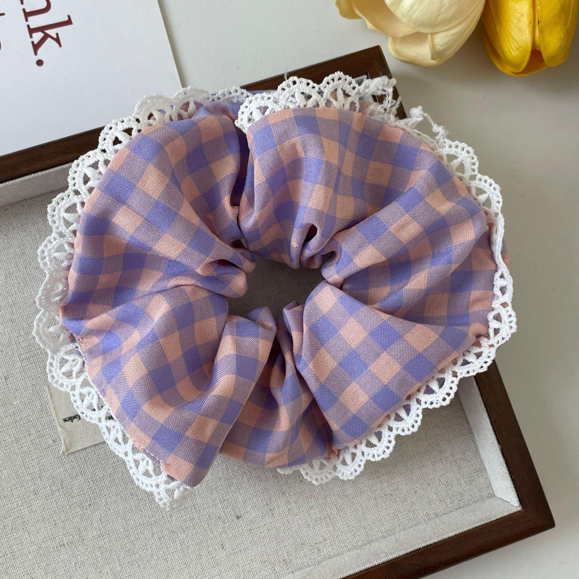 Plaid Scarf Hair Tie: French Bow, Lace Elastic JK Bun Accessory for Women