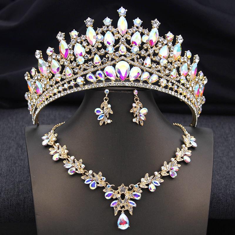 3 Pcs Wedding Crown Bridal Jewelry Sets for Women AB Tiaras and necklace earrings Prom Birthday Bride Tiaras and Crowns Set