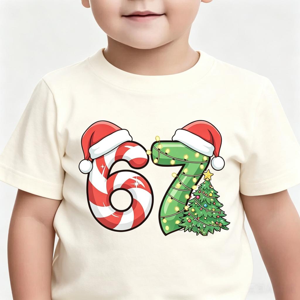 Cheerful Santa Hat Christmas Tree 67 Graphic Kids Short Sleeve T Shirt Soft Light Holiday Casual Boys Girls Birthday Party Wear