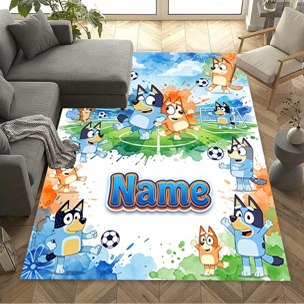 Bluey Soccer Fun Personalized Text Carpet Perfect for Game Room Kitchen Balcony Dining Room Anti-slip Rug Anime Office Decor