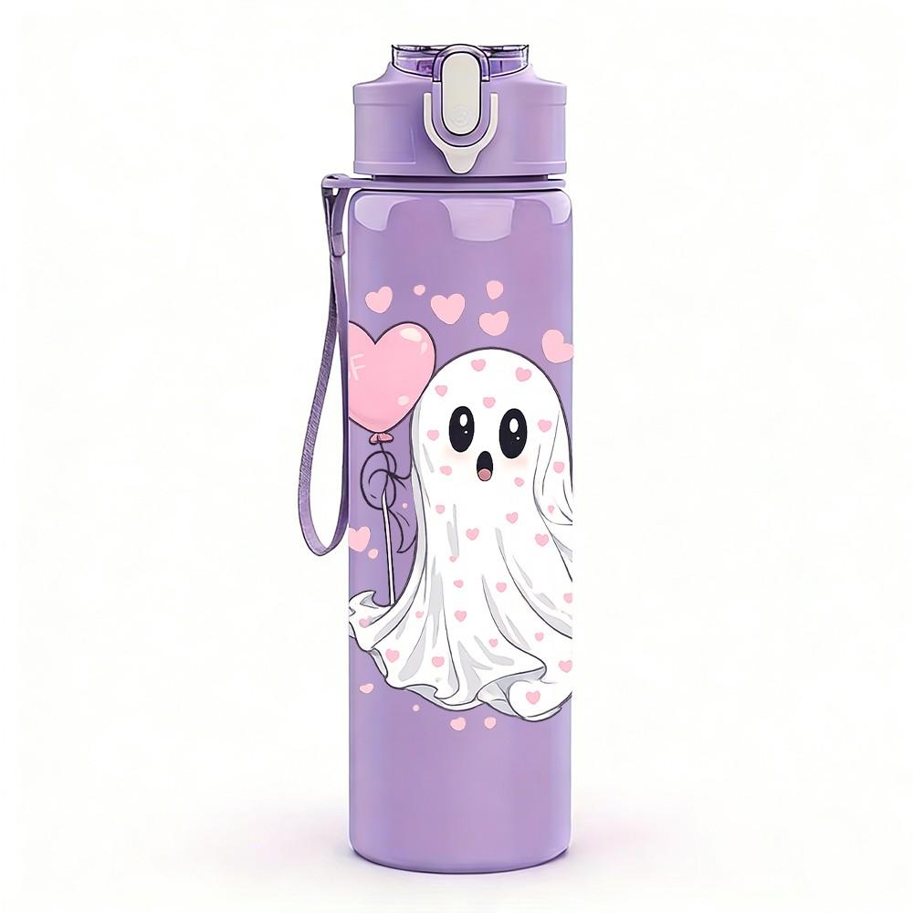 1PC Little White Ghost With Heart Print 750ml Color Plastic Sports Water Bottle Leakproof Flip Straw Lid Suitable for Sports Office Home Use