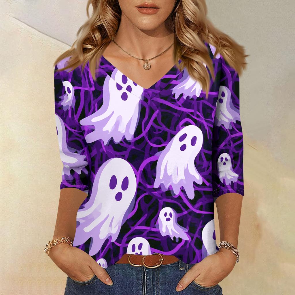Women's Casual Halloween Print V Neck Three Quarter Sleeve Top Lightweight Soft Fabric Comfortable Fit