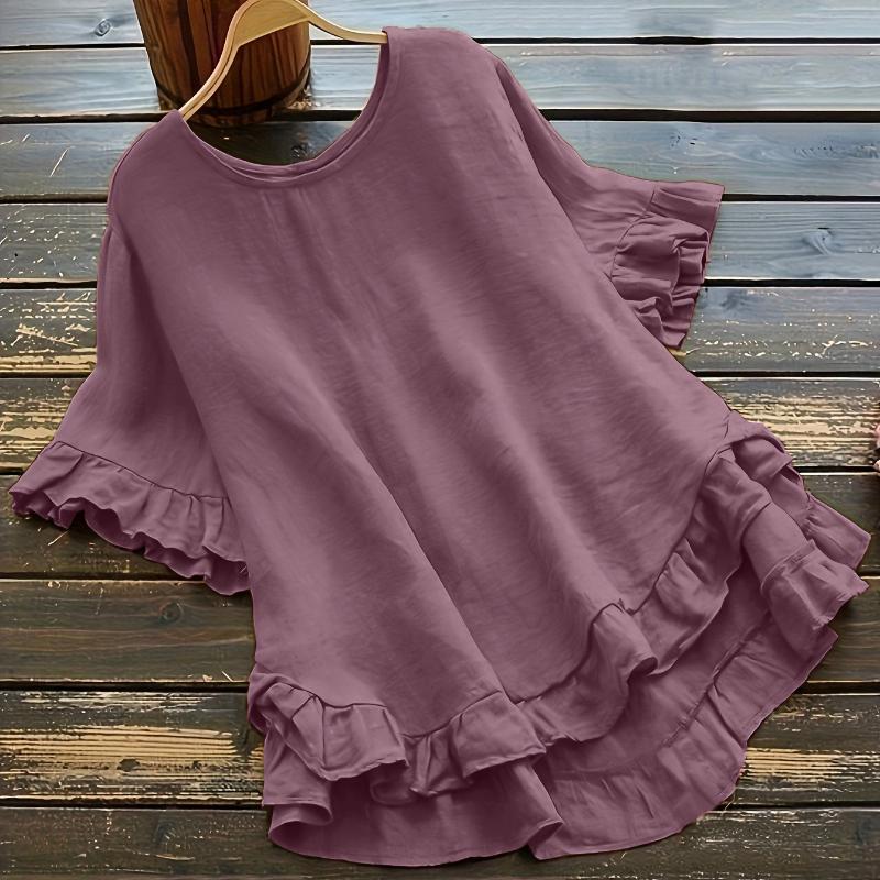 Plus Size Women's Solid Color Casual Short Sleeved Round Neck T-Shirt Ladies Ruffled Hem Women's Back Button Up Top
