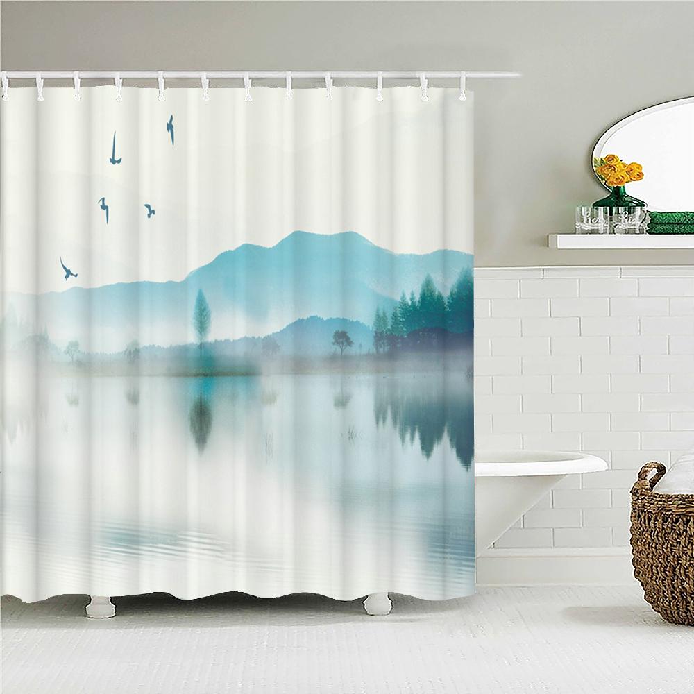 High Quality Shower Curtain Printing Chinese style Ink landscape Waterproof Bathroom Curtains Decor Polyester Fabric with Hooks