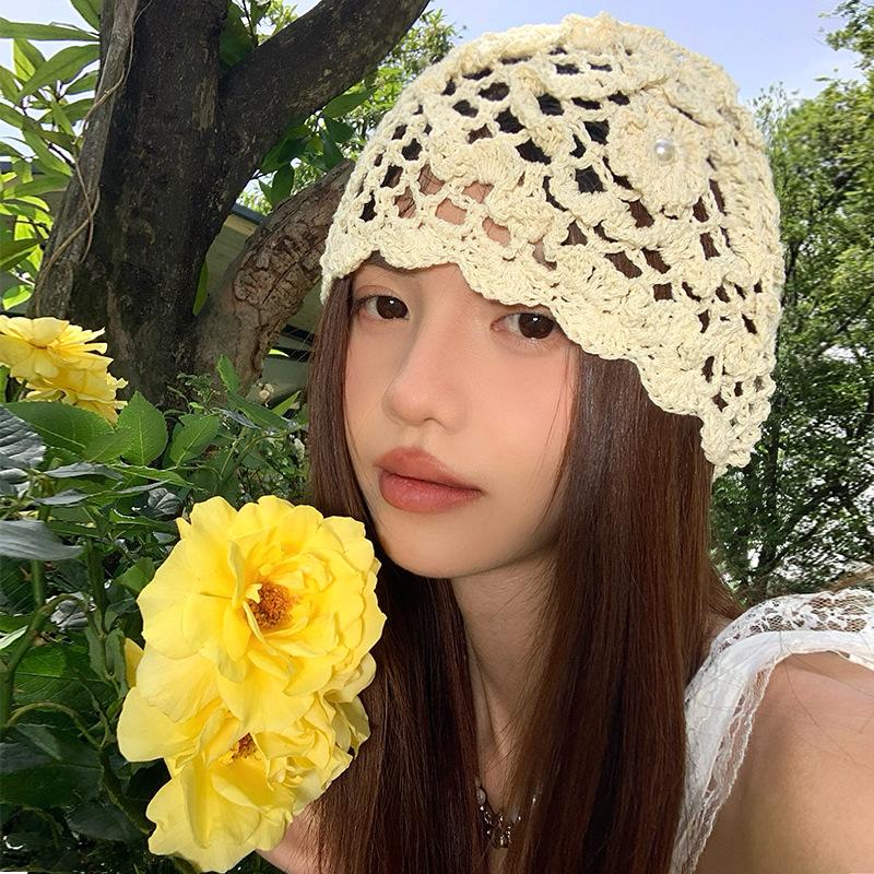 Spring and Summer Handmade Hook Up Knitted Head Hat for Women Thin Breathable Hollow Hat Fashionable Retro Niche Pullover Hat