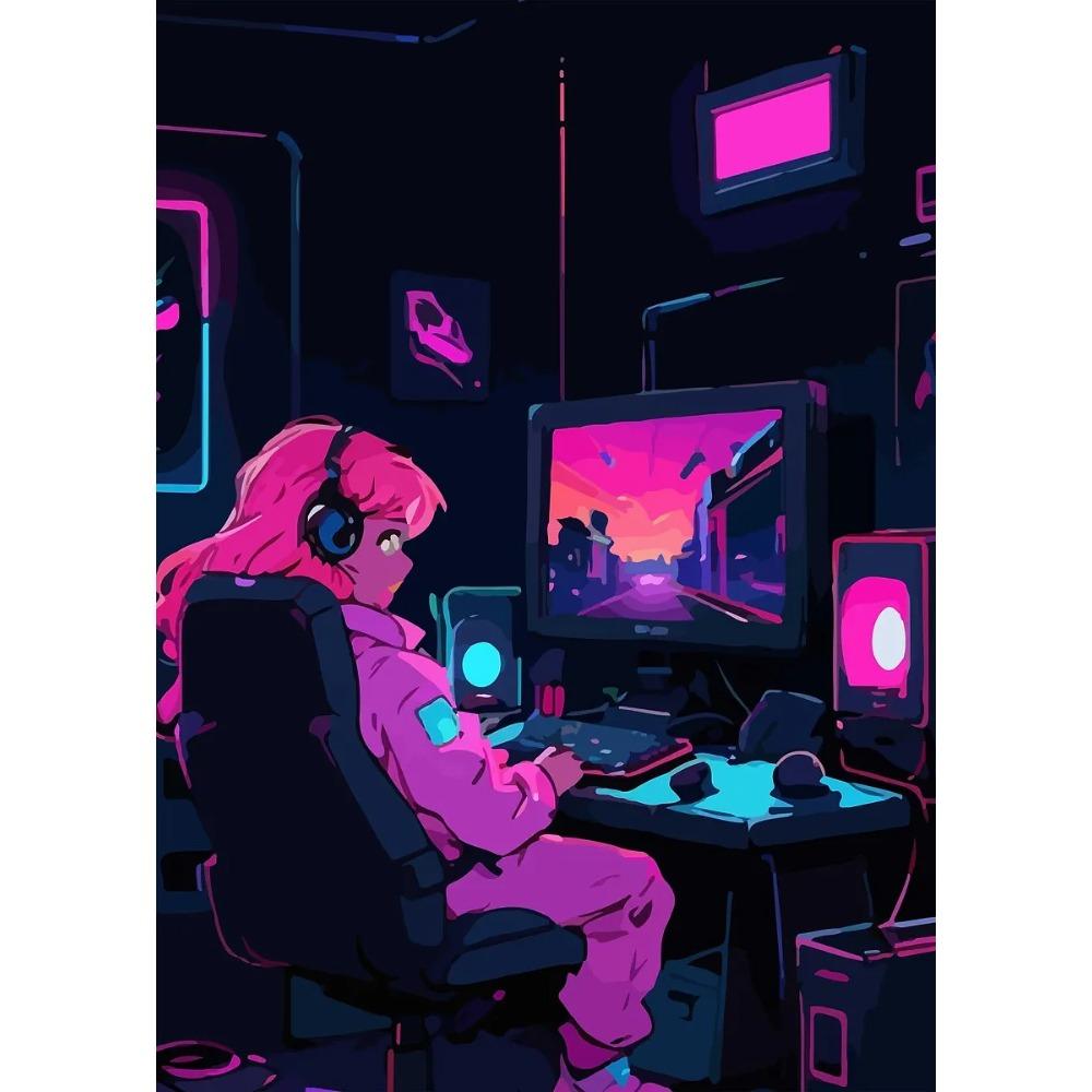 Retro-Futuristic Gaming Setup Posters Neon Lights Basket Ring Game Room Modern Prints Canvas Wall Picture Home Living Room Decor