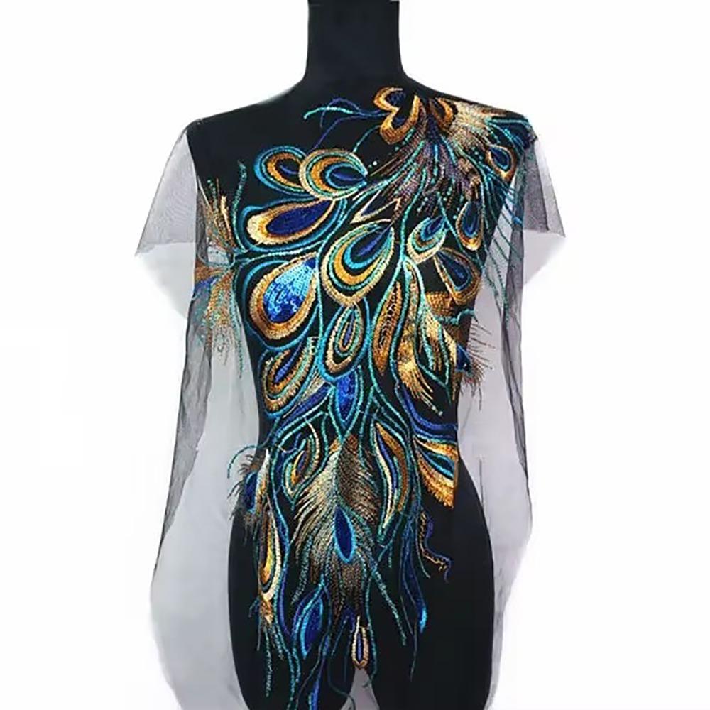 

Fashion Red Blue Sequined Embroidery Patches Phoenix Peacock Black Mesh Phoenix Birds Applique Lace Fabrics Applique Dress DIY синий