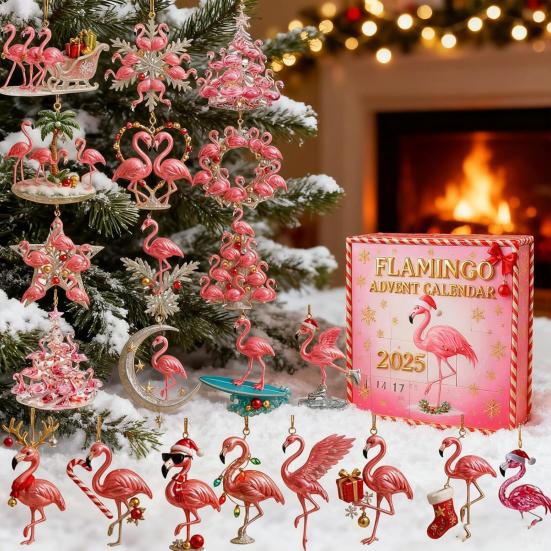 2025 Flamingo Adventskalender 24 Tage Countdown-Kalender mit Acryl-Flamingo-Ornamenten Rosa Tropische Flamingo-Weihnachtsdekoration für Flamingo