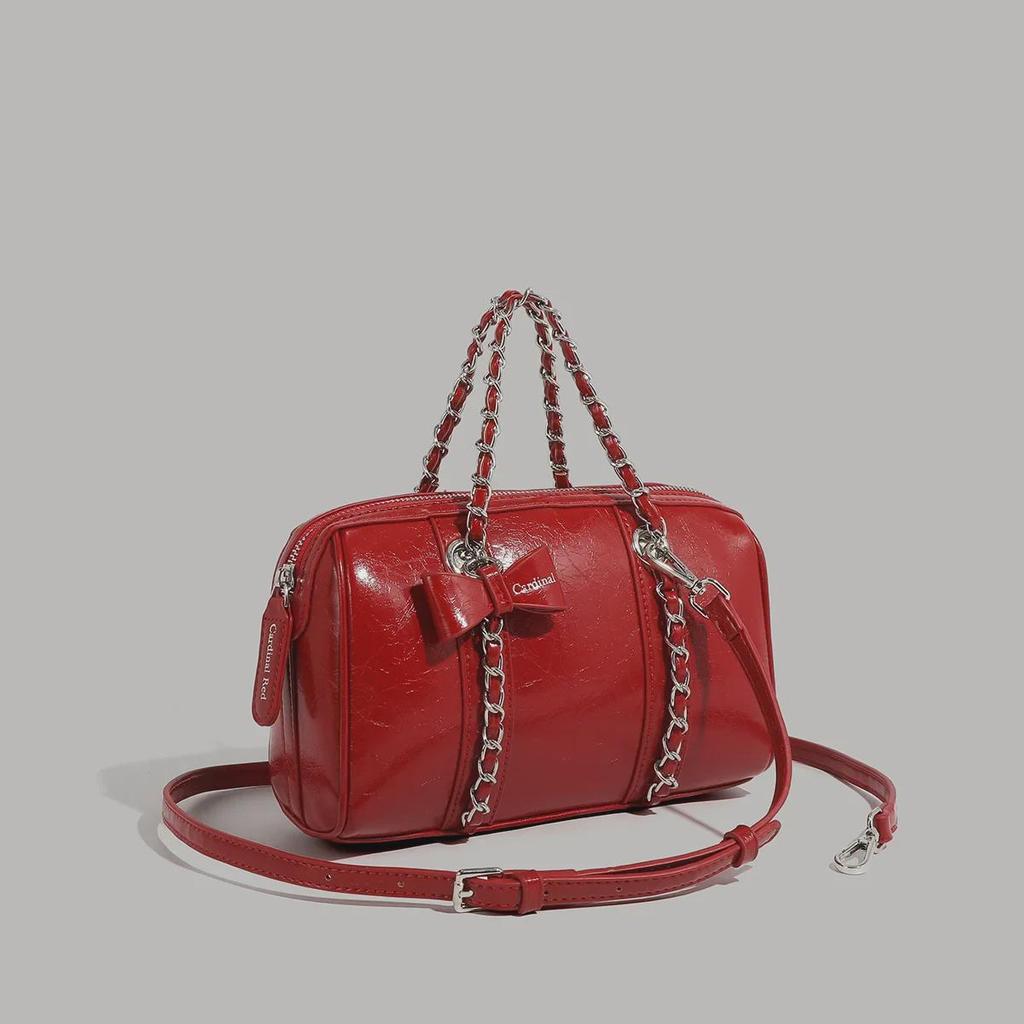 Korean-Style Boston Wax Leather Handbag with Bow Accent