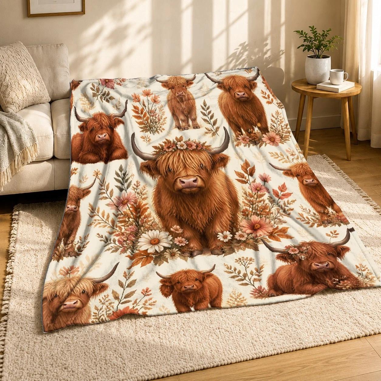 Floral Highland Cow Coral Fleece Blanket