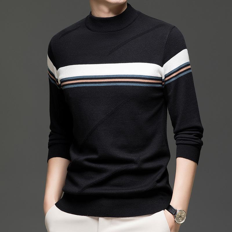 2025 Winter Men s Striped Knit Sweater: Half-High Collar, Business Casual, Long Sleeve 3XL