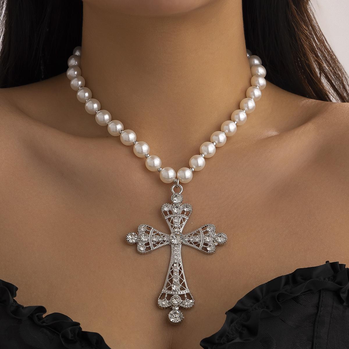 

IngeSight.Z Trendy Goth Large Cross Pendant Necklace Elegant Charming Imitation Pearl Woman Choker Neck Jewelry Accessories