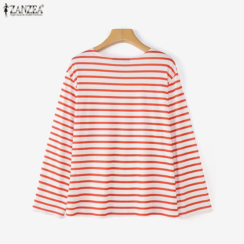 ZANZEA Bluză lejeră, cu mâneci lungi, în dungi, cu gât rotund