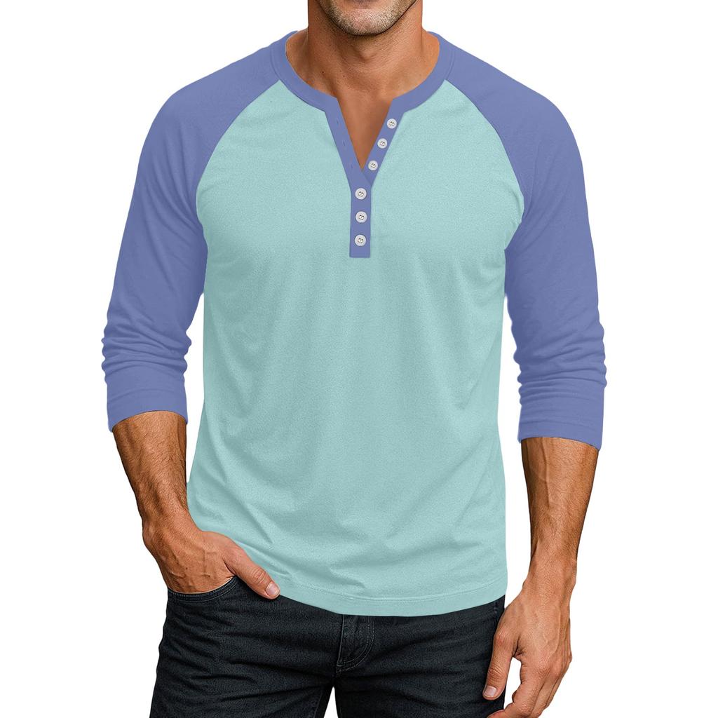 Men's Button-Down Contrast Raglan 3/4 Sleeve Top