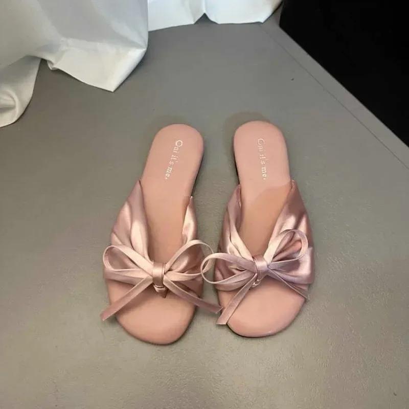 

Мода 2024 Высококачественная обувь для женщин с открытым носком, женские тапочки, модные повседневные тапочки, женские туфли на плоской подошве с завязками-бабочками и круглым носком 40