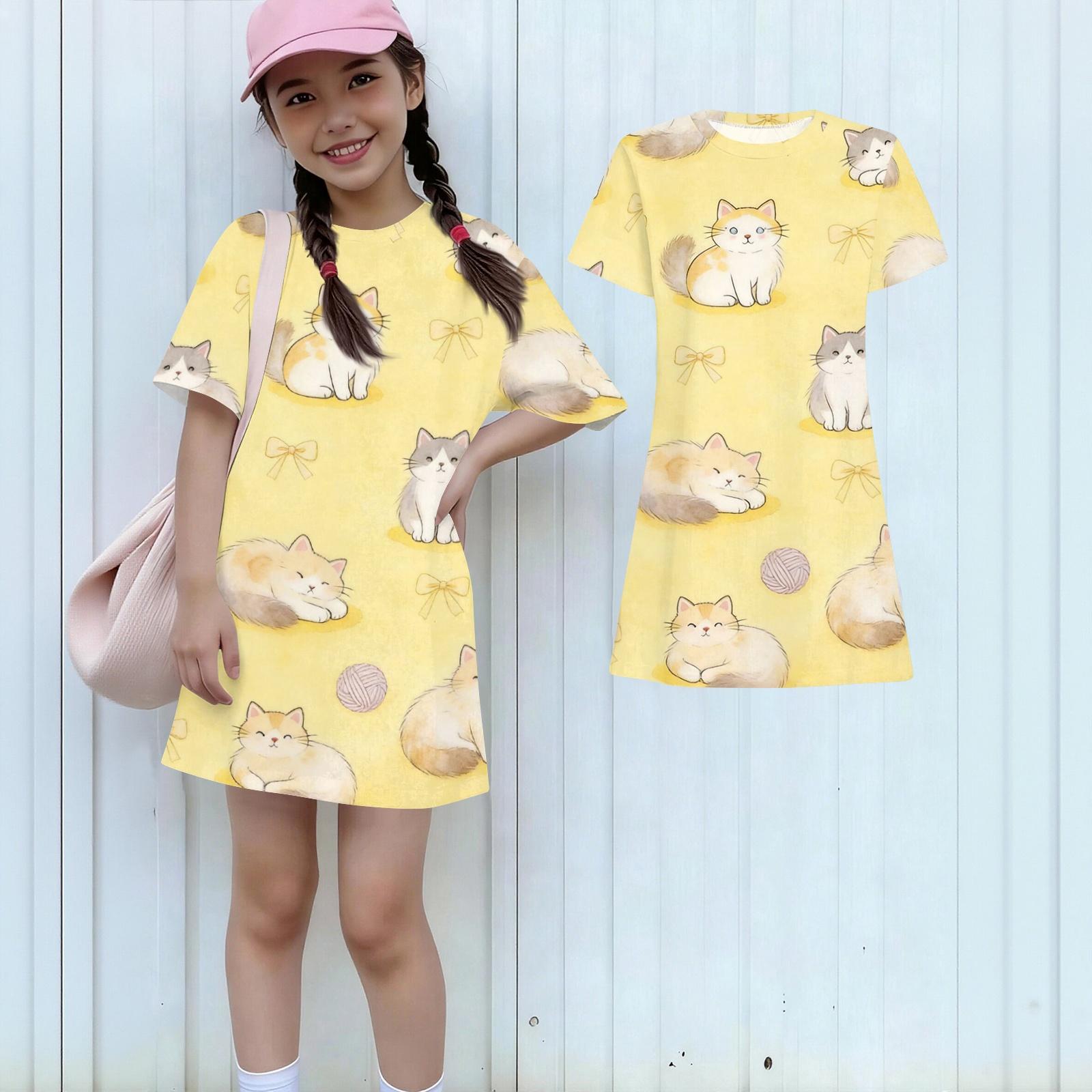 

Girls Animal Print Dress Loose Fit Short Sleeve Round Neck Lightweight Summer Dress for Kids Casual Wear 160 жёлтый