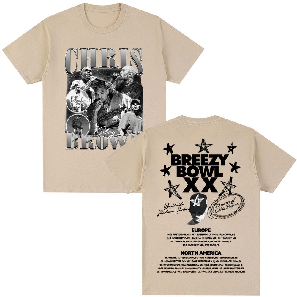 Rapper Chris Brown Album Tshirt Breezy Bowl XX Tour 2025 Hip Hop Vintage T Shirt Men Women Oversized Cotton Tshirts Streetwear