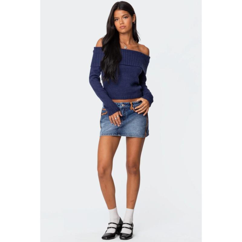 New Tops for Women Solid Color One-line Collar Off-shoulder Long-sleeved Sweater for Women