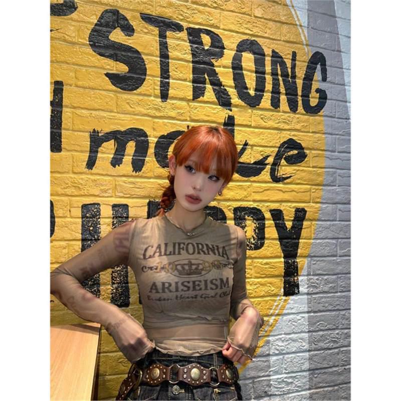 

AAISUP Women s Retro Print Mesh Long Sleeve T-Shirt - Spring/Summer Slim Fit Base Layer Medium