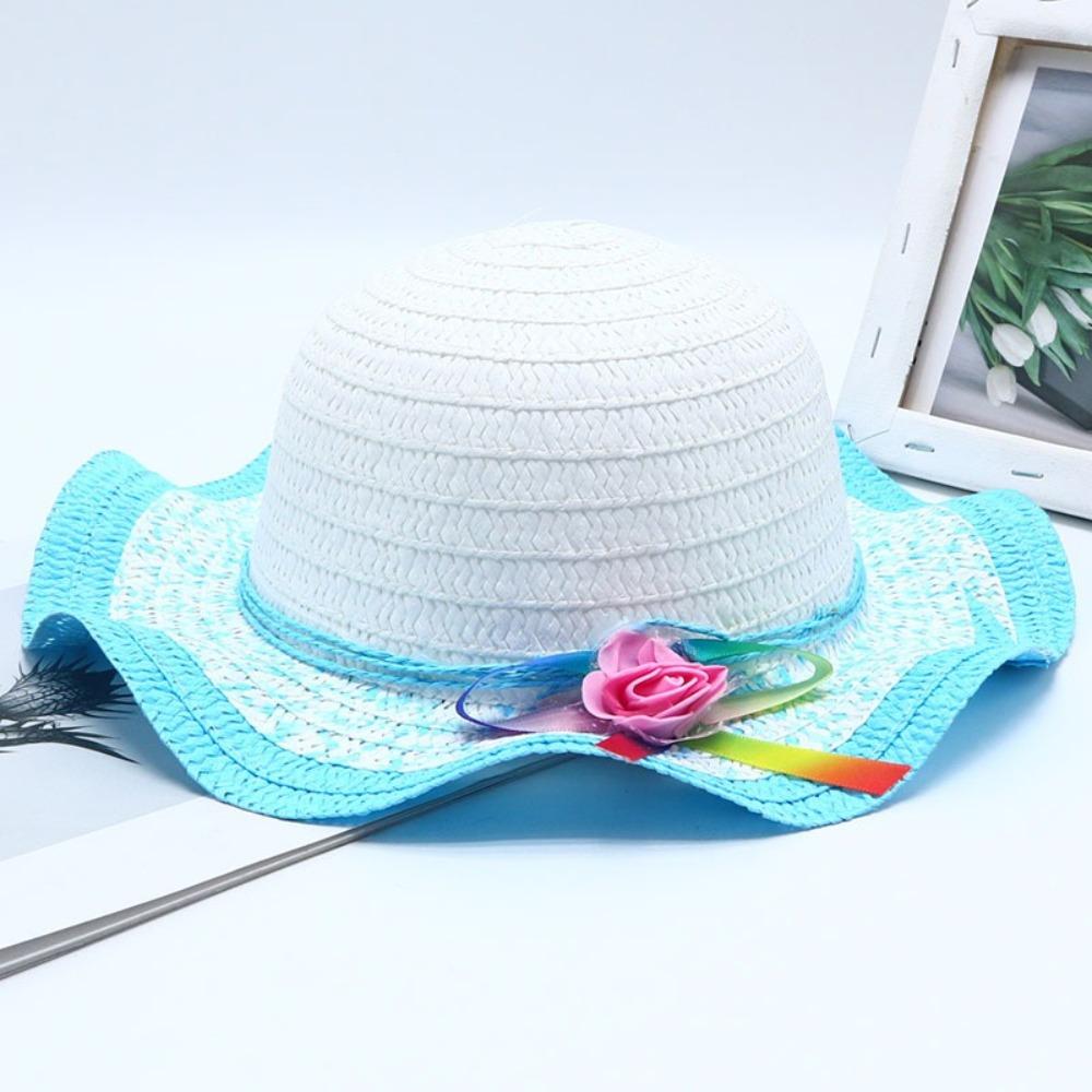 Wide Brim Straw Hat Flower Decoration Bucket Hat Sweet Sun Hat  Beach синий