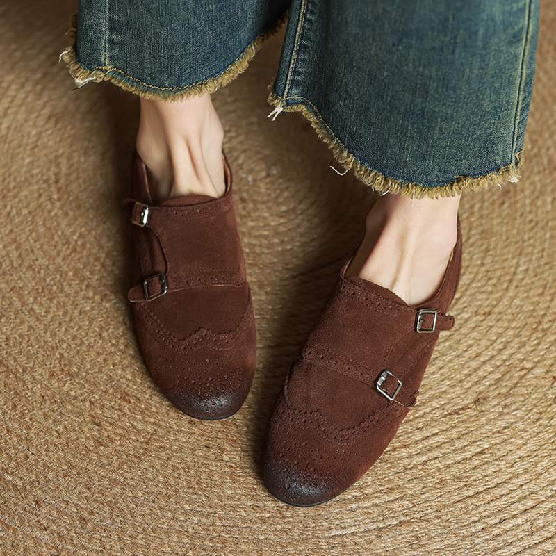 Krazing Pot Cow Skin Fashion Spring Autumn Low Heels metal buckle Oxford Shoes Women Round Toe Leisure Brogues flats