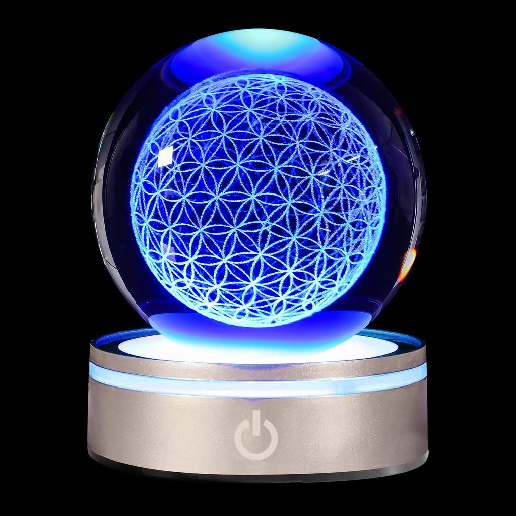 3D Luxury Flower of Life Crystal Ball with LED Colorful Lighting and Touch Chakra Purification Healing Flower Globe for Spiritual Flower Exploring