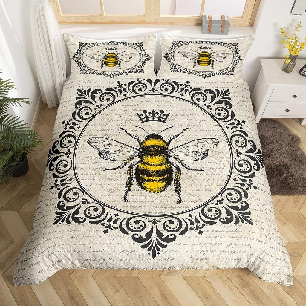 Bee Duvet Cover Twin Honeybee Bedding Set Farmhouse Wild Animal Comforter Cover Boho White Daisy Flowers Floral Wreath Bed Set