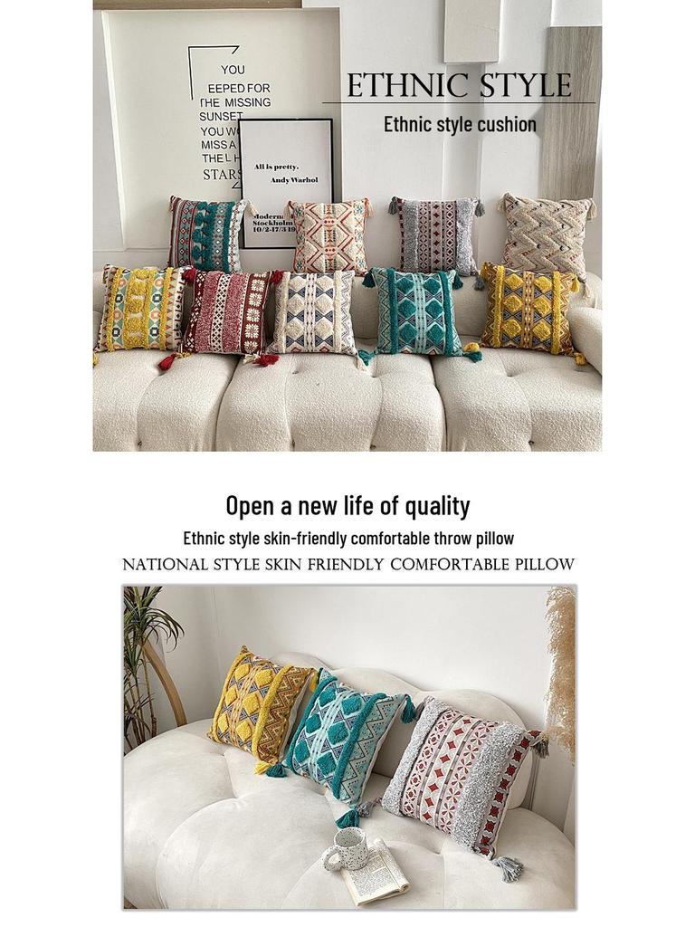 Bohemian Ethnic Flocking Linen Pillow Cover - Decorative Cushion for Sofa, Bedroom, or Bedside