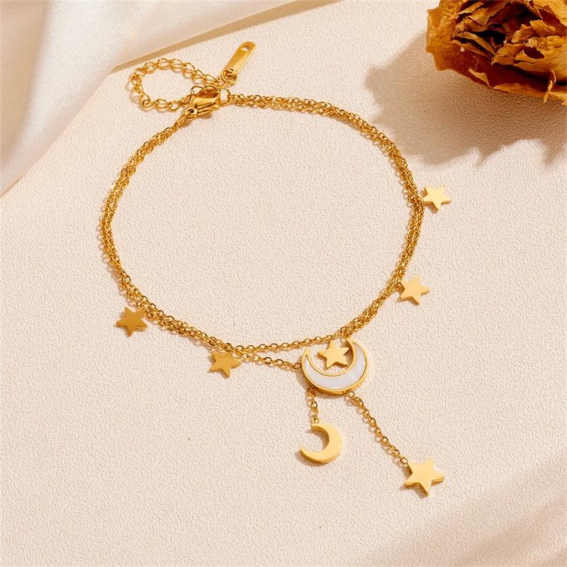 Stainless Steel 2025 New Fashion Jewelry Summer Beach Style Seashells Stars Moon Charm Beading Anklets Chain For Women