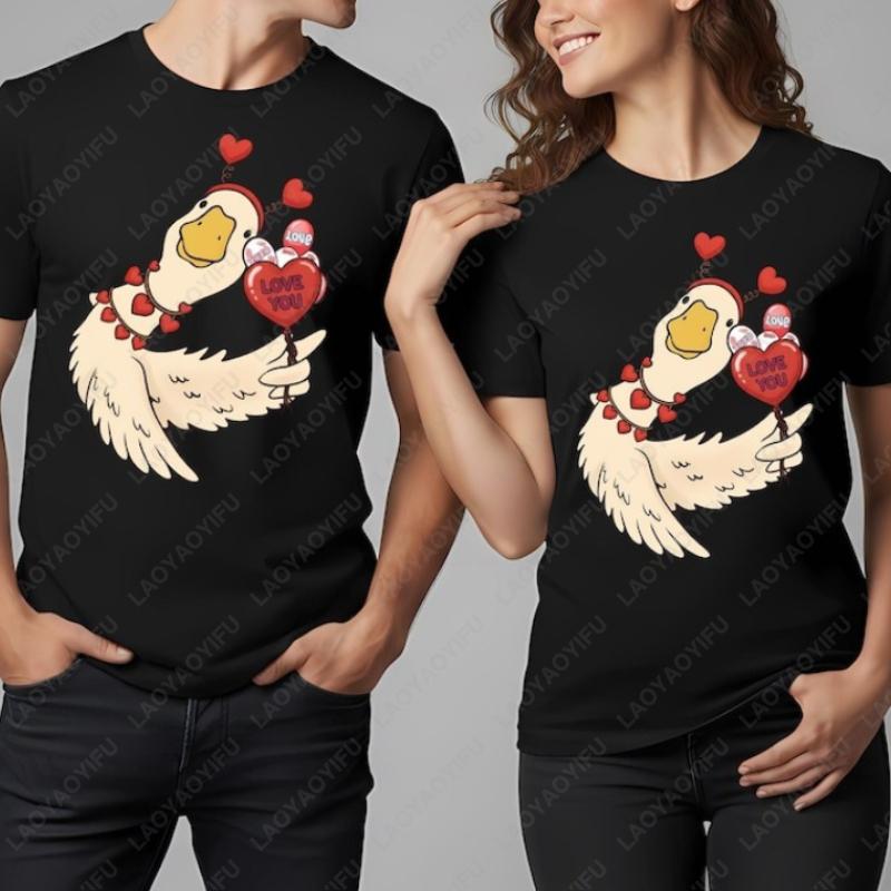 Retro Valentine Goose Love You Balloons Unisex Cotton Tshirt Funny Valentines Gift Matching Couple Outfit Lovers Clothes Women
