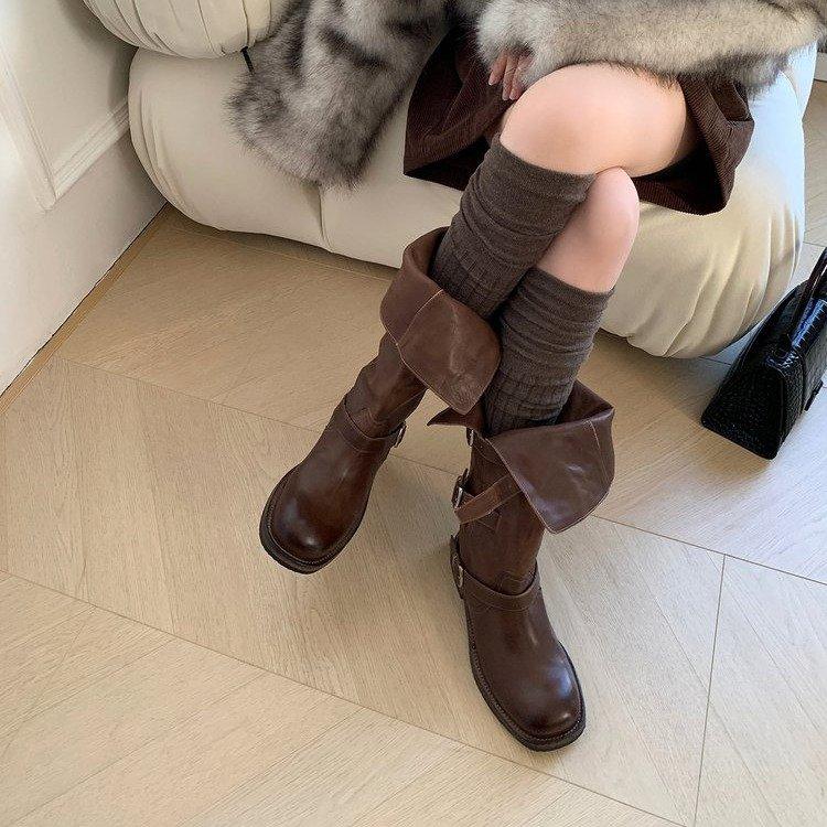 2025 New Autumn Round Head Retro Belt Buckle Boots Adjustable Thick Legs Simple Thick Heel Medium Tube Knight Boots