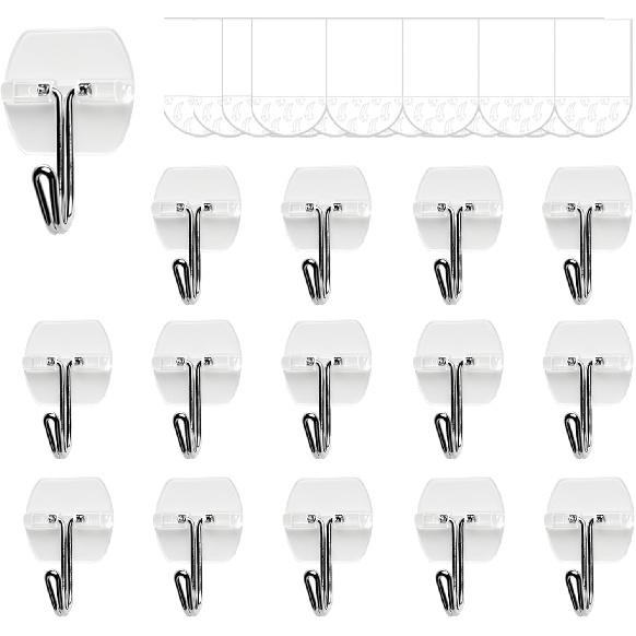 15 Clear Small Wall Hooks with 20 Strips for Hanging, Wire Toggle Hooks for Walls No Damage, Utility Hooks Heavy Duty with Adhesive Strips for