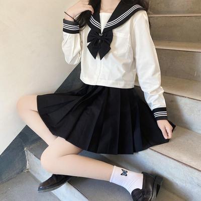 JK Sailor Suit: Black-Collared Off-White Pleated Skirt Set - Three-Piece Basic Style for Spring/Summer