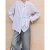 Women's Light Blue Striped Blouse Tie Neck Ruffle Detail Long Sleeve Casual Shirt